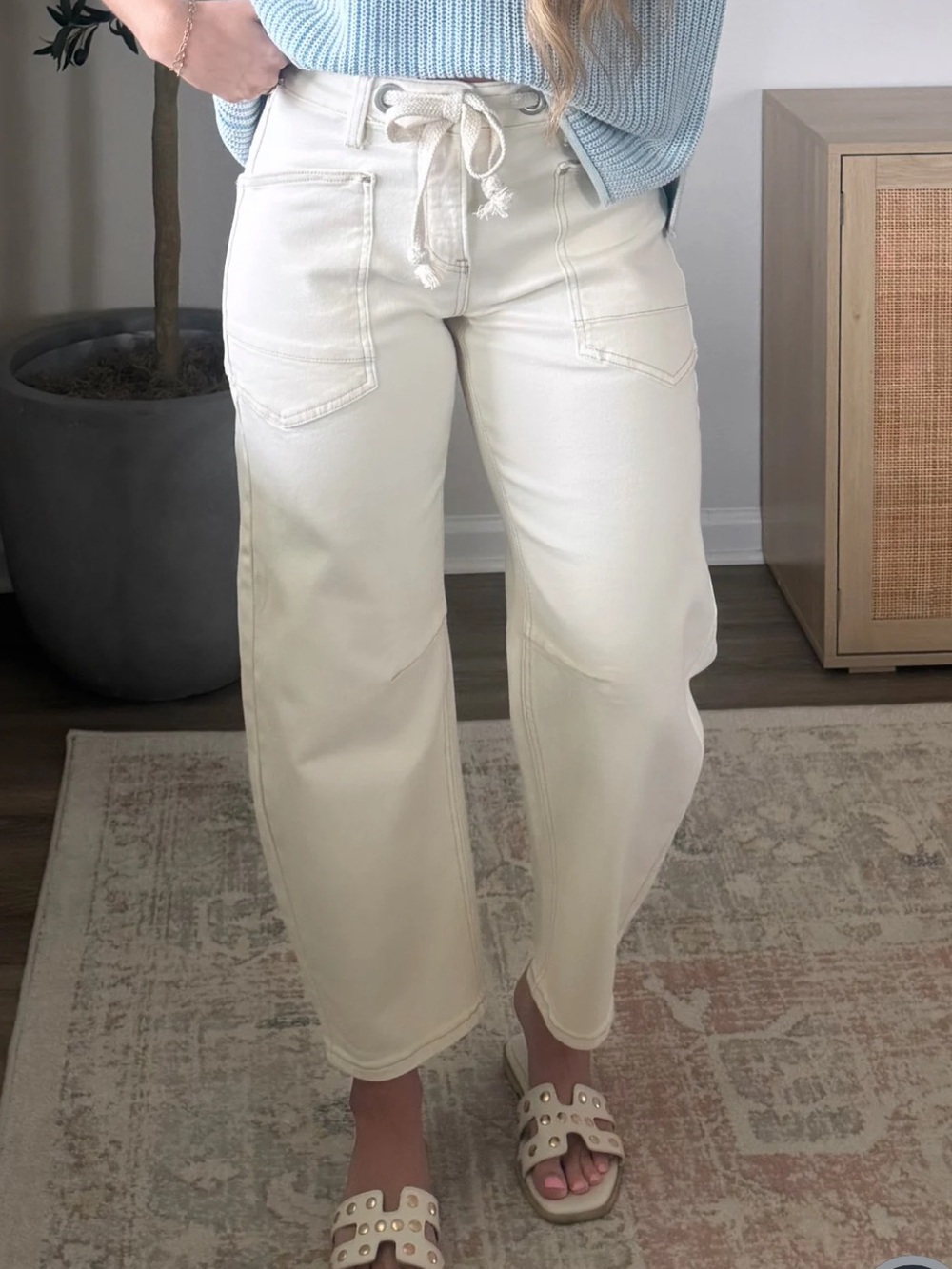 RISEN Women's Cream Wide-Leg BARREL Drawstring Jeans by